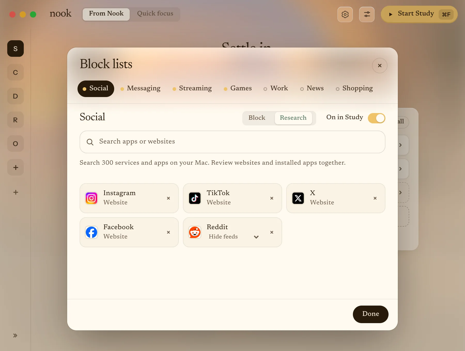 Nook’s Block lists: the Social list with Instagram, TikTok, X, Facebook and Reddit, and a search field for apps and websites