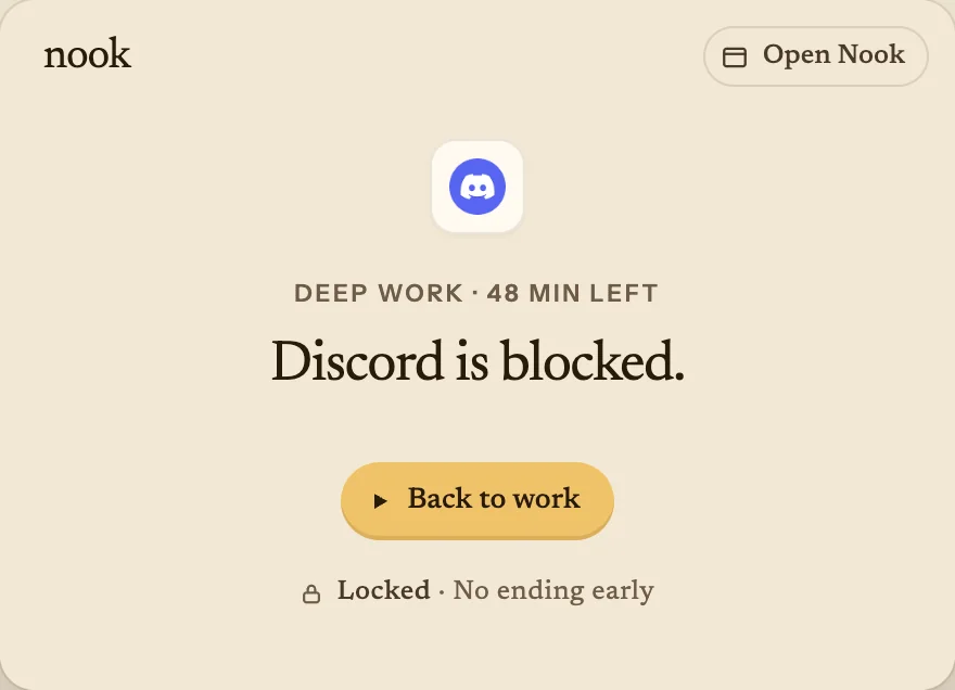 Nook’s blocked-app window: Discord is blocked. Deep work, 48 minutes left. Back to work. Locked, no ending early.