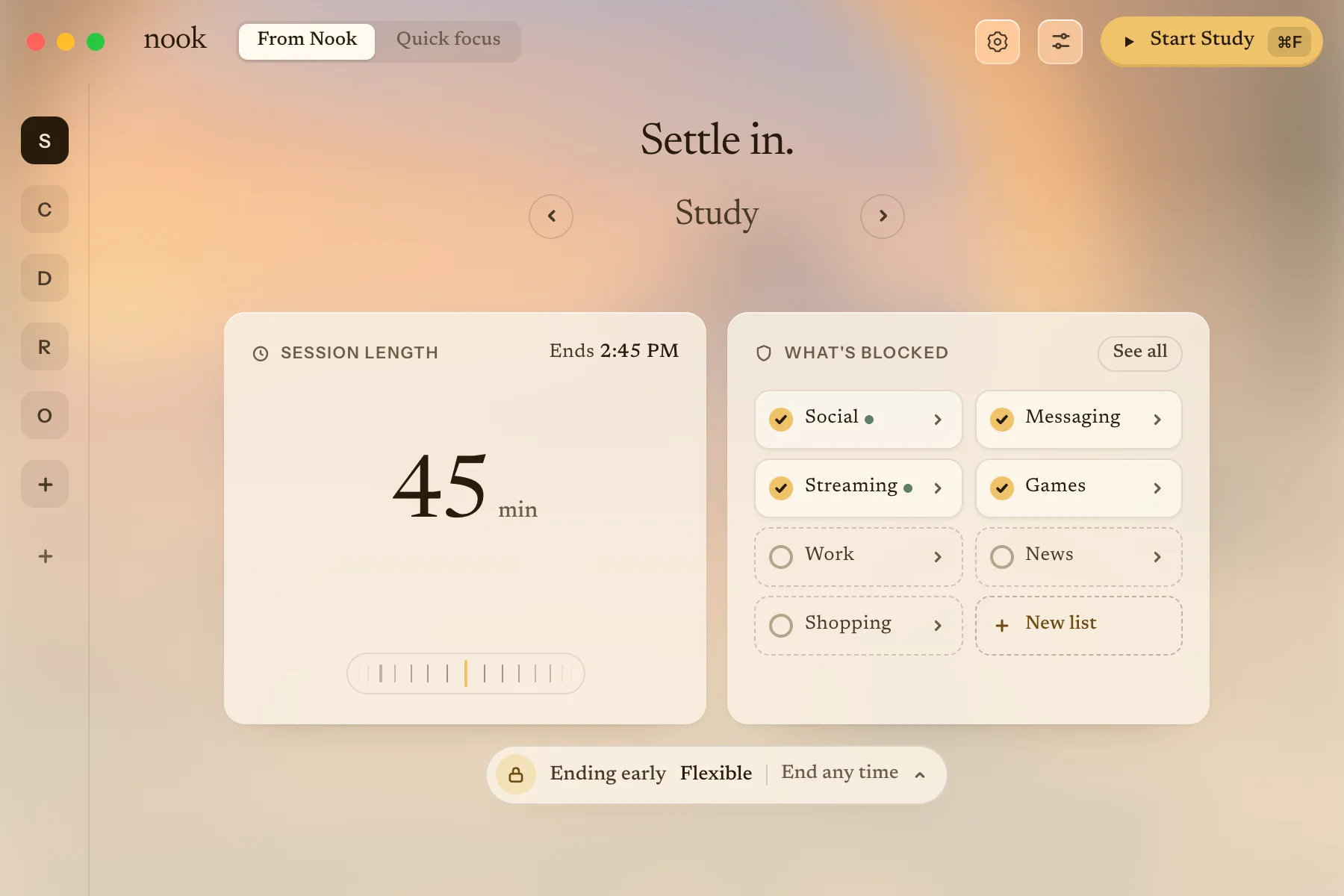 Nook’s Home screen: the Study preset, a 45-minute session ending at 2:45 PM, and the lists it blocks: Social, Messaging, Streaming and Games