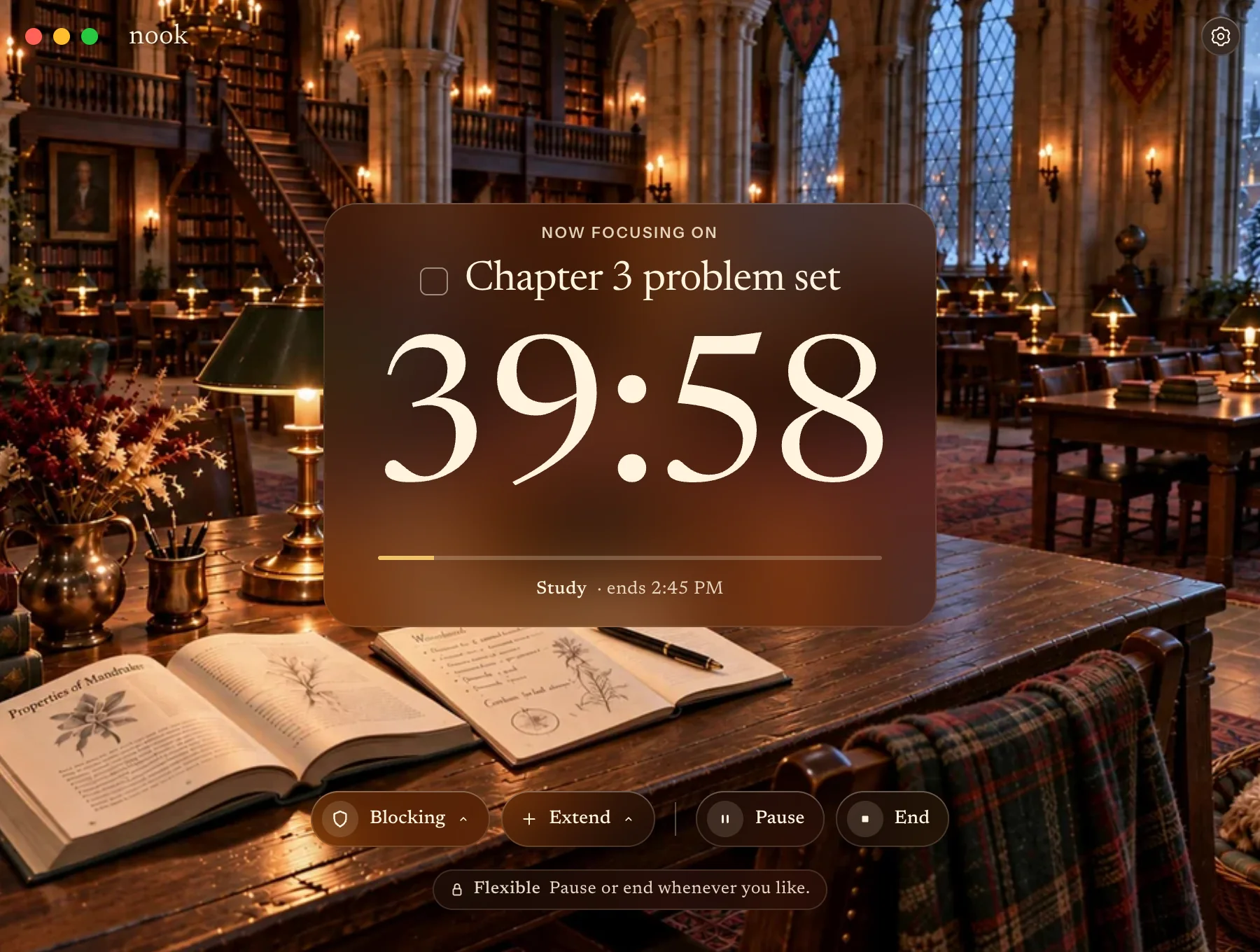 A Study session over the Library room: Chapter 3 problem set, 39:58 left, ends at 2:45 PM