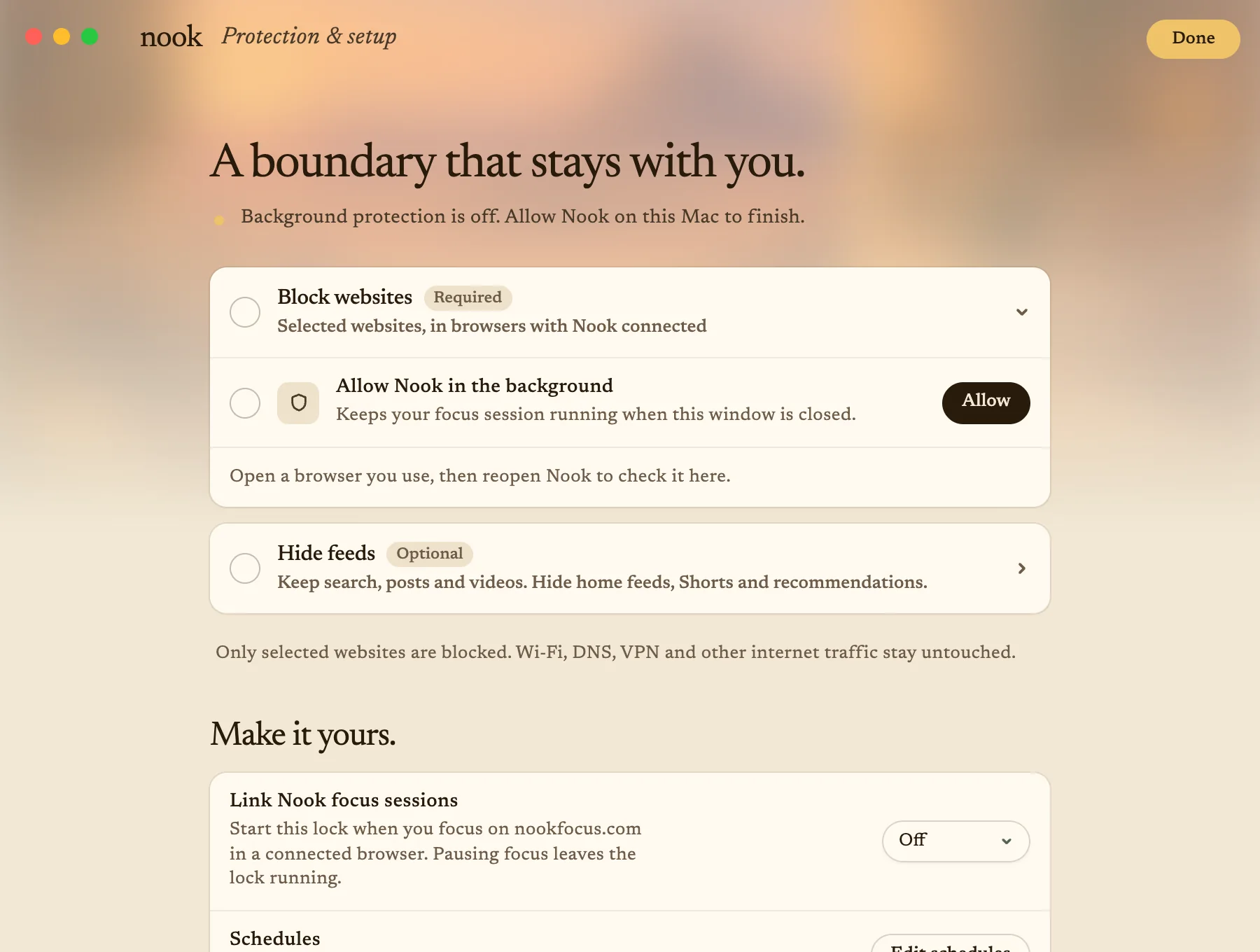Nook’s Protection and setup screen: Block websites (required), Allow Nook in the background, and Hide feeds (optional)